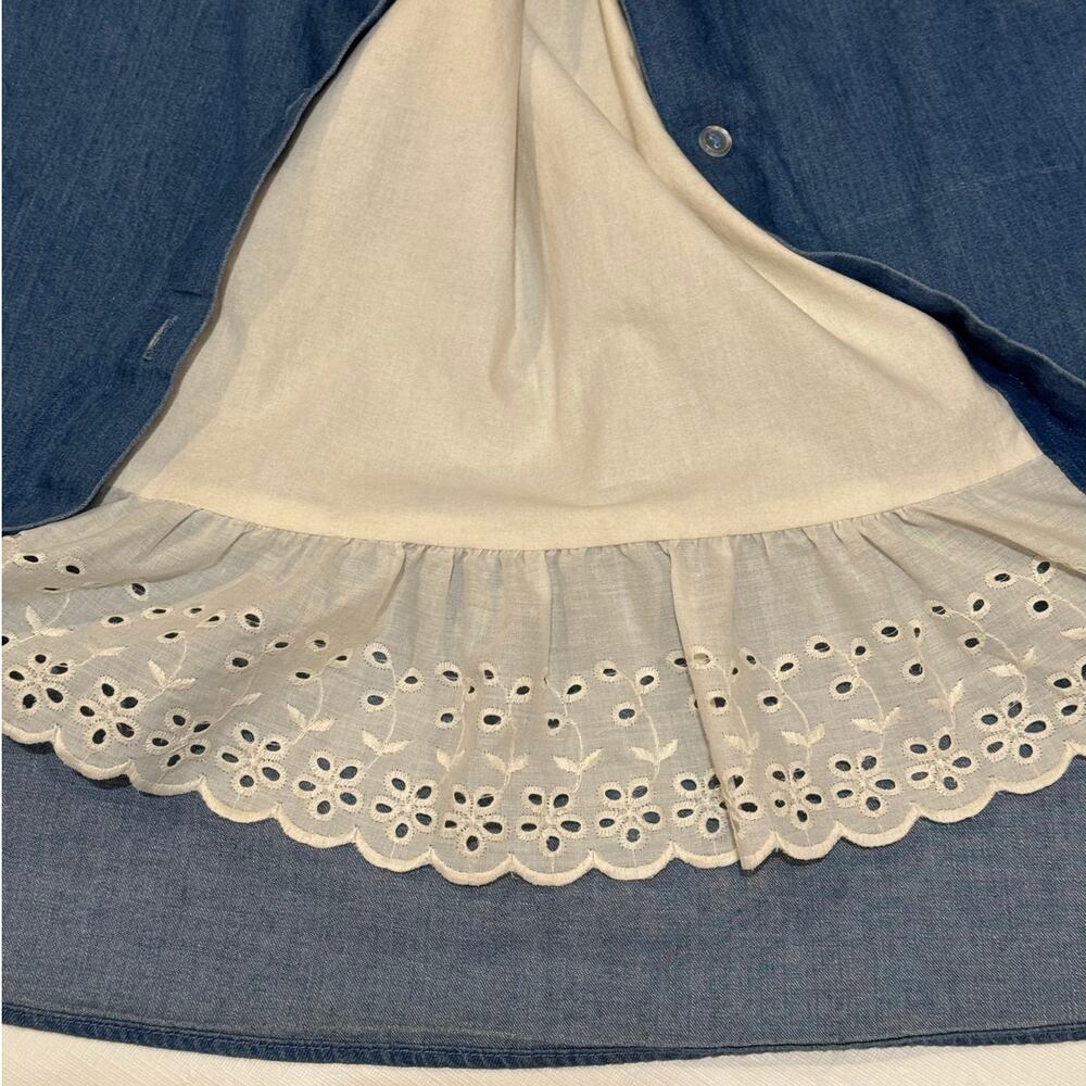 Vintage 70s Cottage Core Denim Blue Jean Skirt White Eyelet Lace Inset Size XS - Picture 8 of 10